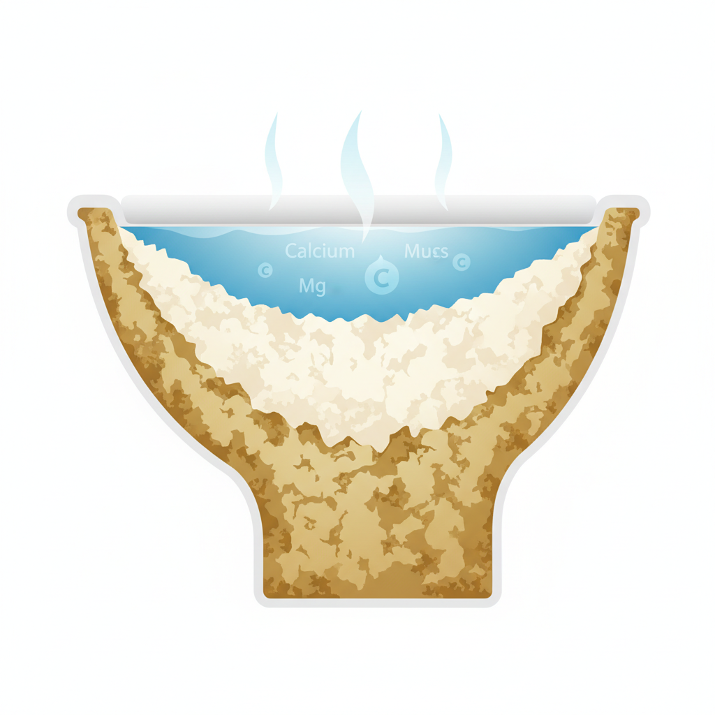 A detailed, infographic-style illustration showcasing the formation of limescale and urine stone in a toilet bowl. The image should feature a cross-section of a toilet bowl, clearly depicting hard water (represented by abstract mineral particles like calcium and magnesium ions) at the waterline. Below the waterline, these particles are shown adhering to the ceramic surface, forming visible layers of yellow-brown and off-white crusts, symbolizing limescale and urine stone. Subtle steam lines can ascend from the water's surface, indicating evaporation. The overall look should be clean and educational, highlighting the problem without being unappealing. Colors: blues for water, off-whites/yellows/browns for deposits.