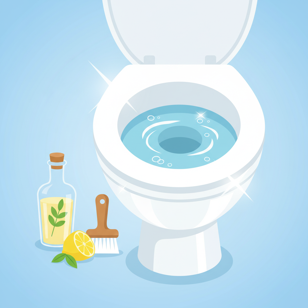 A bright, professional flat illustration of a pristine, sparkling clean toilet bowl. The focus is on the interior of the bowl, which is gleaming white with subtle light reflections and star-like 'sparkle' effects emanating from the cleaned ceramic surfaces and crystal-clear water. A generic cleaning spray bottle, perhaps depicting a natural cleaning agent like a stylized vinegar bottle or a lemon half, and a clean scrubbing brush are subtly positioned near the toilet rim, implying the effectiveness of cleaning methods. The overall impression is one of freshness, hygiene, and successful removal of stubborn deposits. Colors: predominant whites, light blues, and hints of green/yellow for freshness.