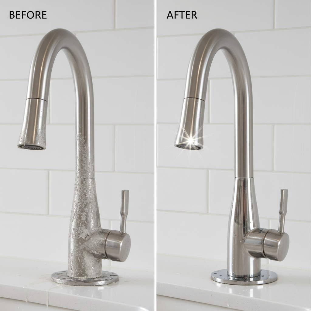 A professional, bright photograph showcasing a modern kitchen or bathroom faucet. One side of the image (or a distinct 'before' section) depicts the faucet's spout and base heavily encrusted with dull, whitish-grey limescale deposits. The other side (or 'after' section) shows the exact same faucet sparkling clean, polished, and free of any mineral buildup, reflecting the light beautifully. The overall impression should be one of stark contrast and effective cleaning.
