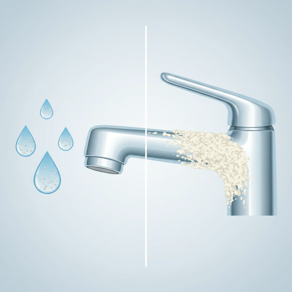 A clean, diagrammatic illustration in an infographic style explaining limescale formation. On the left, stylized clear water droplets containing tiny, dissolved mineral ions (represented by small, light-grey dots) are shown approaching a smooth surface, like a faucet. On the right, the same droplets are depicted as having evaporated or passed, leaving behind a visible accumulation of these mineral dots, now forming a textured, off-white limescale layer on the surface. The background is simple and uncluttered, emphasizing the process of mineral deposition.