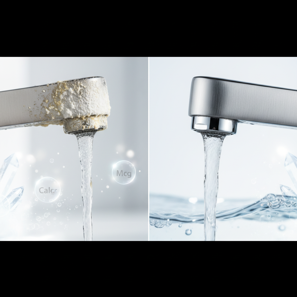 A detailed side-by-side comparison image. On the left, a close-up of a modern kitchen faucet, heavily encrusted with white and yellowish limescale around the spout and aerator, looking dull and obstructed. A tiny, weak water stream barely trickles from it. On the right, the exact same faucet head is sparkling clean and polished, gleaming under bright light, with a strong, clear stream of water flowing smoothly. In the background, subtle, abstract graphic elements represent dissolved mineral ions (calcium, magnesium) forming crystalline structures, illustrating the cause of limescale. Style: High-quality professional photography with infographic-like overlay.