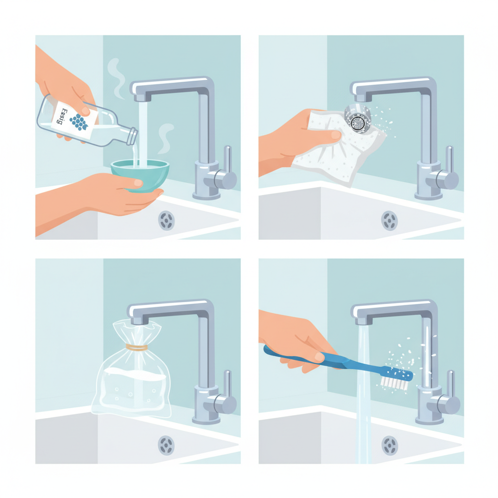 An illustrative sequence depicting the practical steps of removing limescale from a kitchen faucet using a vinegar solution. The scene focuses on a sleek, chrome kitchen faucet over a sink. The first part shows hands preparing a solution, perhaps mixing liquid from a bottle labeled 'Essig' (vinegar) with water in a small bowl. The second part illustrates a hand carefully wrapping a saturated cloth or kitchen paper around the calcified faucet spout and aerator. The third part shows a small plastic bag filled with the vinegar solution, neatly secured over the aerator with a rubber band, highlighting the soaking process. The final part shows a hand gently scrubbing away loosened limescale with an old toothbrush, revealing a clean, shiny surface underneath. Style: Clean, step-by-step flat illustration with a bright and practical aesthetic.