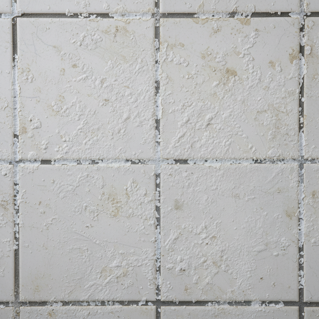 A close-up professional photo of white bathroom tiles with significant limescale buildup. The tiles should appear dull and streaky, covered in whitish, chalky deposits, especially around the grout lines. Emphasize the unpleasant aesthetic of the limescale, showing its rough texture and how it detracts from the tile's natural shine. The lighting should highlight the contrast between potentially cleaner areas and the heavily calcified sections, making the problem clearly visible and relatable to the reader's experience.