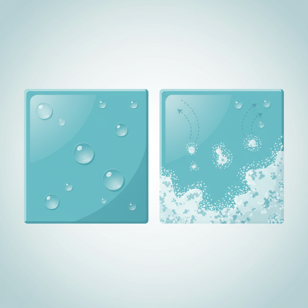 A flat illustration or infographic style image depicting the process of limescale formation on a tile surface. Show a section of clean, shiny tile with water droplets on it. In an adjacent section, illustrate the water evaporating upwards (symbolized by a subtle arrow), leaving behind small, abstract mineral particles as a white, textured residue on the tile. The illustration should clearly convey how liquid water transforms into solid limescale, highlighting the mineral deposits left after evaporation.