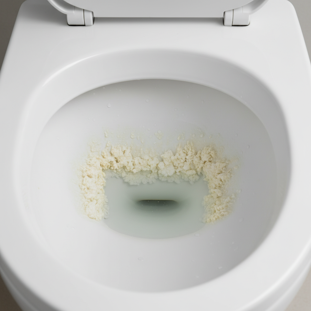 A professional, crisp photo capturing a close-up view of the interior of a standard white ceramic toilet bowl. Prominently visible are thick, stubborn yellowish-white limescale deposits clinging to the ceramic surface, especially around the water line and just beneath the rim. The texture of the calcified buildup should be clearly discernible, contrasting sharply with the underlying clean ceramic and the water in the bowl. The image should convey the unsightly and persistent nature of the problem, setting the stage for the article's solutions.