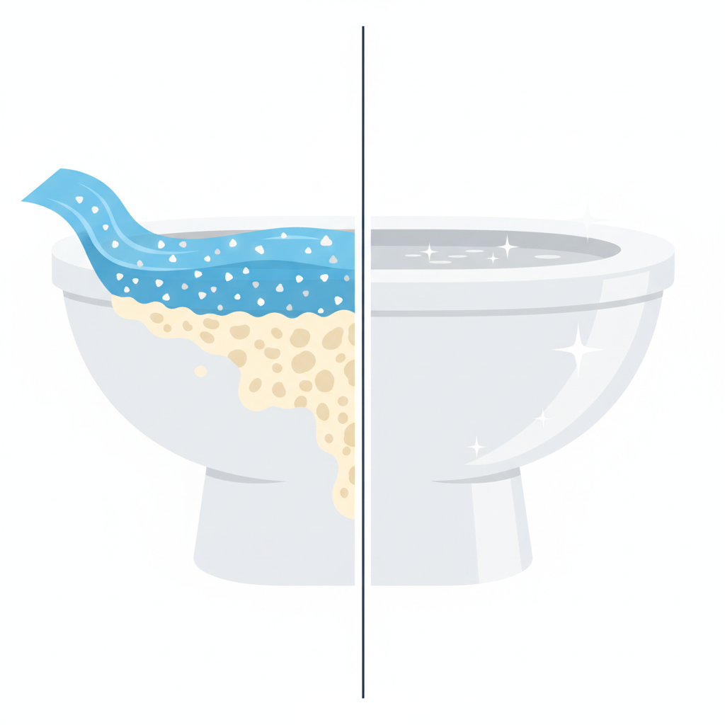 A bright, clean flat illustration in an infographic style, depicting a conceptual split view of a toilet bowl. On the left side, stylized blue water flows into a section of the bowl, with small, shimmering mineral particles (like tiny calcium and magnesium ions) visibly collecting and forming a rough, off-white limescale layer on the ceramic surface. On the right side, the same toilet bowl section is shown pristine and sparkling, completely free of any deposits, perhaps with subtle glinting effects to indicate cleanliness. The image visually explains the cause (mineral buildup) and the desired outcome (cleanliness) in a straightforward manner.
