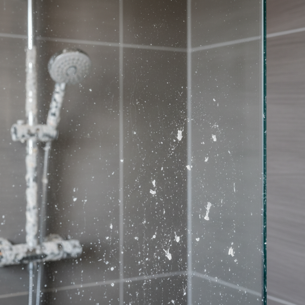 A close-up, eye-level professional photo capturing a section of a modern shower. The focus is on a clear glass shower door or panel, heavily streaked with prominent, white limescale deposits and water spots, making the glass appear cloudy and dull. Adjacent to it, a chrome faucet or a part of a showerhead exhibits visible, flaky white or grey mineral buildup, significantly obscuring its shine. The background should be slightly blurred, hinting at a tiled shower wall, emphasizing the unkempt appearance caused by the limescale. The overall mood conveys a common household problem.