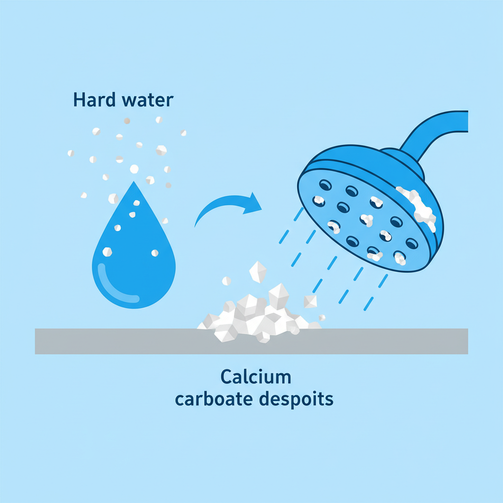 A vibrant, clean flat illustration or infographic style image depicting the conceptual problem of limescale. On one side, a stylized water droplet is shown landing on a smooth surface, surrounded by tiny, abstract mineral particles (representing hard water). An arrow points towards the center, where the droplet begins to evaporate, leaving behind a cluster of white, crystalline shapes (calcium carbonate) adhering to the surface. On the other side, a showerhead is shown, with some nozzles clearly obstructed by similar white mineral deposits, while others are still open, symbolizing the functional impact of limescale. The colors should be bright and clean, using blues for water and off-white/grey for limescale.