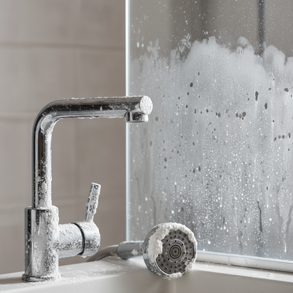 A close-up, high-quality professional photo depicting common household items severely affected by limescale. The scene includes a gleaming chrome kitchen faucet with visible white mineral crust around its base and spout, a glass shower door with hazy, dried water spots, and a part of a showerhead nozzle showing significant white calcification. The background is clean and slightly out of focus, emphasizing the unsightly lime deposits. The lighting should highlight the stark contrast between the original clean surfaces and the dull, chalky buildup.