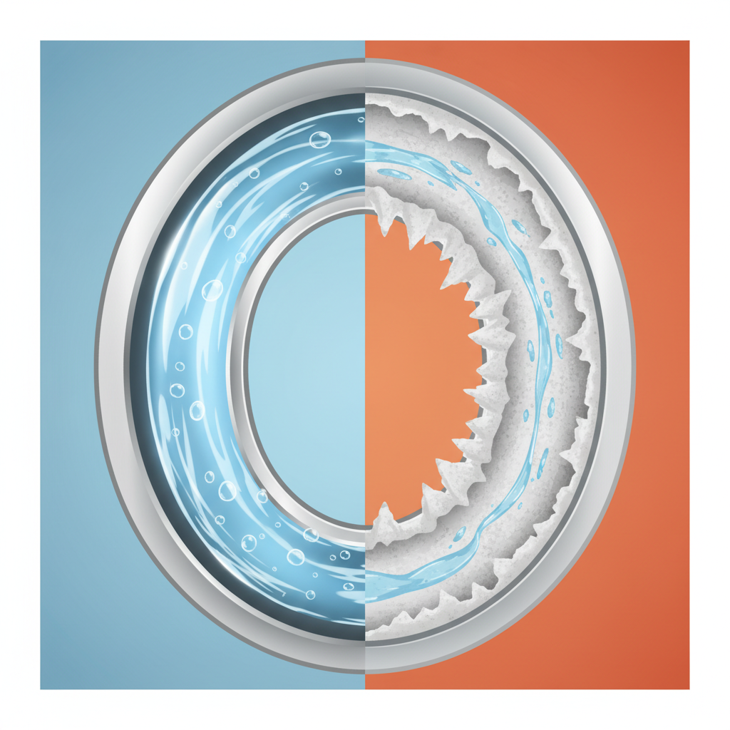 An infographic-style illustration conceptualizing the negative impact of limescale inside household appliances. One side of the image features a clean, healthy cross-section of a heating element or water pipe, showing smooth internal walls and unimpeded flow. The other side dramatically illustrates the same component, but with thick, rough layers of white and grey limescale buildup coating the interior, visibly constricting the passage and depicting small blockages. The illustration visually communicates reduced efficiency and restricted flow.