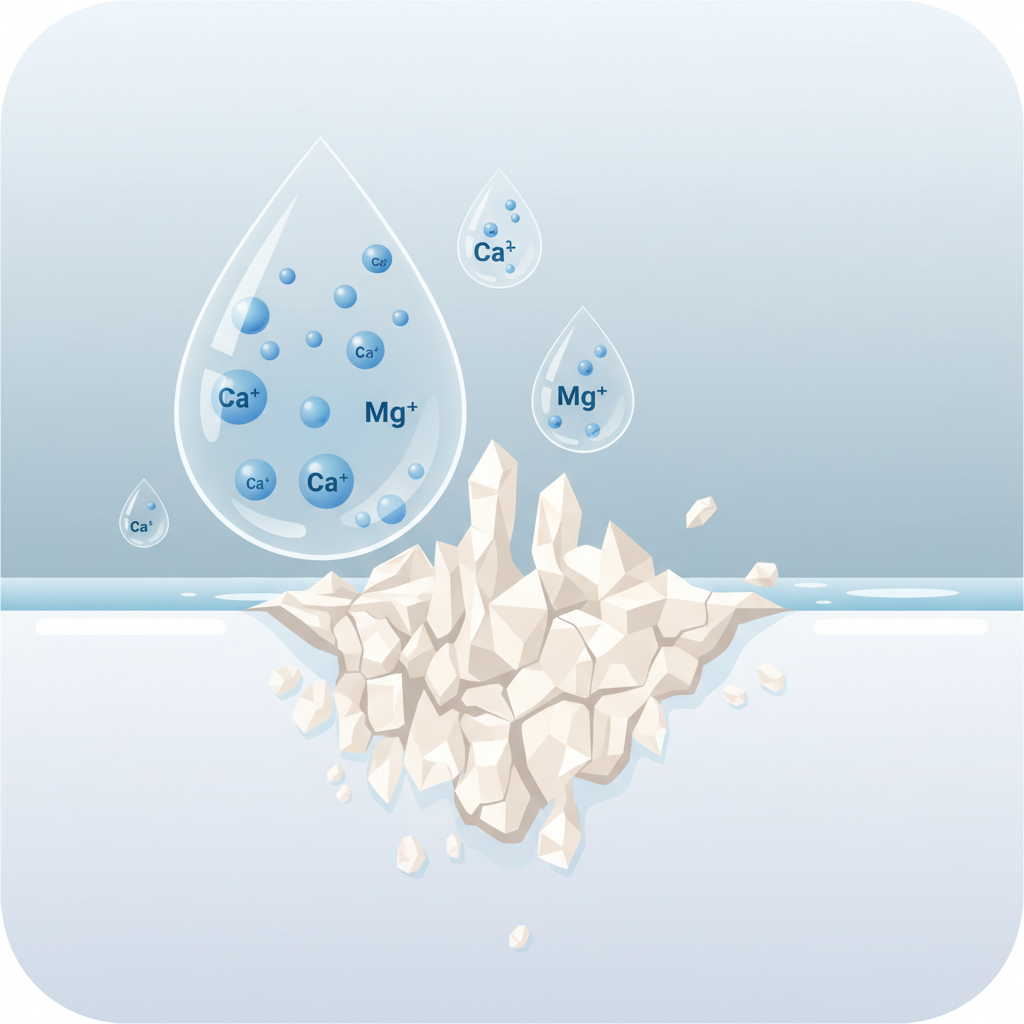 A detailed infographic illustration depicting the microscopic formation of limescale (CaCO3) on a toilet bowl surface. Show clear water droplets with dissolved calcium and magnesium ions transforming into a rough, crystalline white layer adhering to a smooth porcelain surface. The water line of a toilet bowl should be subtly visible in the background, with the focus on the molecular process. Use a clean, modern flat illustration style with a subtle gradient effect for depth. Emphasize the hardness and accumulation of the mineral deposits. The color palette should be muted blues, whites, and light greys, with a hint of off-white for the existing limescale, contrasting with sparkling clean water.