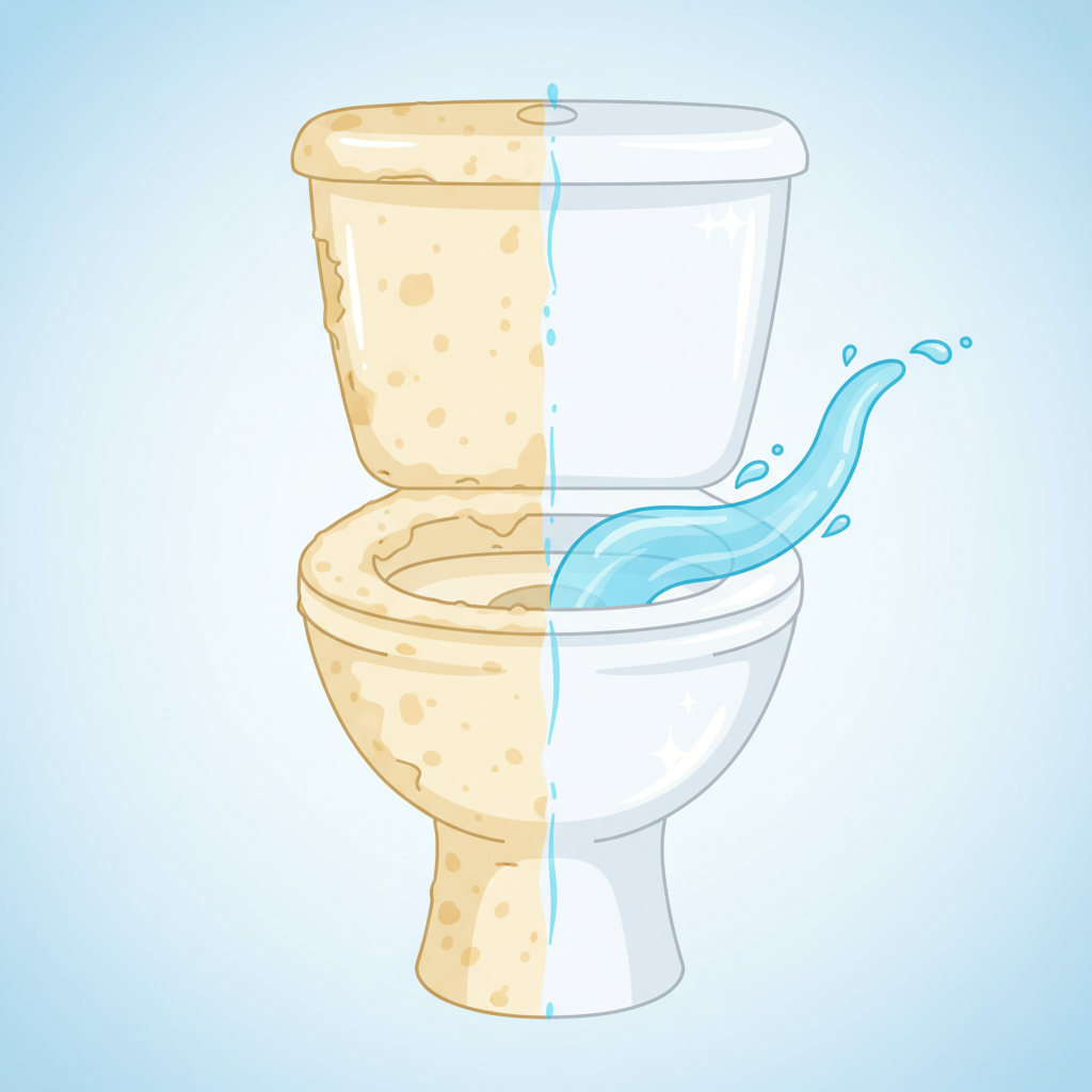 A vibrant, modern flat illustration showcasing a toilet bowl that is split into two conceptual halves. One half vividly portrays a thick, unsightly layer of yellowish-white limescale clinging to the porcelain, especially at the water line and under the rim. The other half depicts a pristine, sparkling clean white toilet bowl, completely free of any deposits. An abstract representation of a clear liquid, like flowing water or a gentle splash, visually connecting the two halves, symbolizing the cleaning action. The illustration should convey a powerful 'before and after' effect, using bright, fresh colors for the clean side and dull, rough textures for the limescale, symbolizing renewed hygiene.