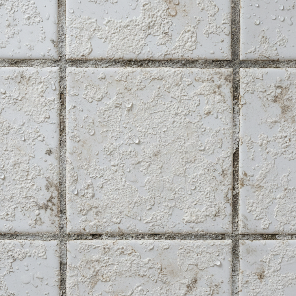 A detailed close-up professional photo of bathroom ceramic tiles severely affected by limescale. White, chalky mineral deposits are visibly caked onto the tile surfaces and deeply embedded within the grout lines. The dull, rough texture of the limescale contrasts sharply with the underlying smooth tile, conveying a sense of neglected cleanliness. Small water droplets cling to some areas, suggesting recent water exposure and the ongoing problem. The lighting should highlight the gritty texture and discolored appearance of the deposits, emphasizing the need for cleaning.