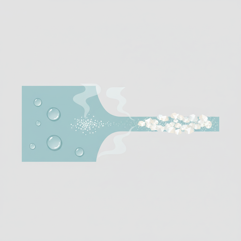 A clean, conceptual flat illustration depicting the process of limescale formation. On one side, clear water droplets are visible on a smooth tiled surface. Moving across the image, these droplets are shown evaporating, leaving behind a residue of small, white, crystalline mineral deposits clustered on the tile. The illustration should visually explain how water disappears, but minerals remain, creating the buildup. Use a soft, infographic-style color palette to clearly convey the concept of hard water minerals accumulating.