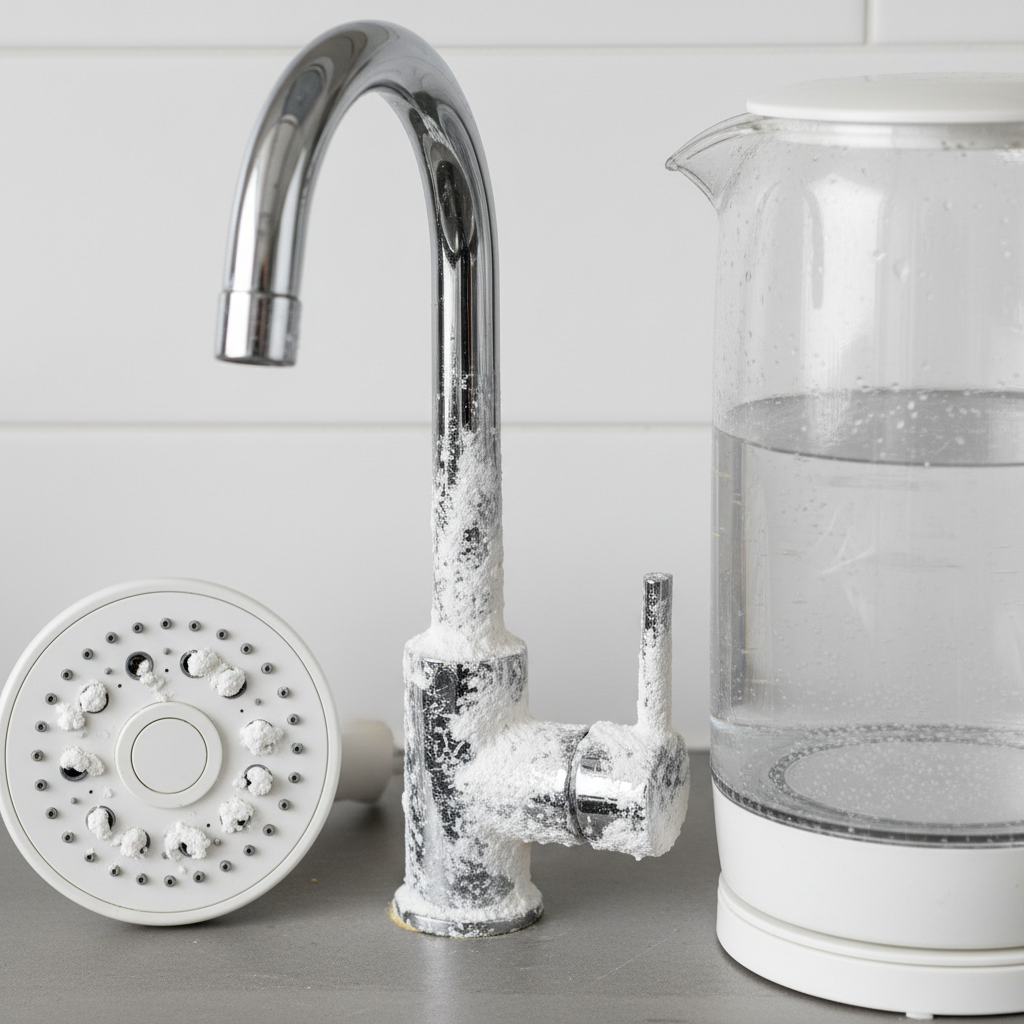 A professional close-up photo showcasing common household items heavily affected by limescale. The scene includes a shiny chrome kitchen faucet with visible white, crusty deposits around the base and aerator, a transparent glass electric kettle with a thick, cloudy white layer of scale on its heating element and interior walls, and a section of a showerhead with several nozzles partially blocked by hard white mineral buildup. The overall imagery should clearly depict the problem of limescale on everyday objects.