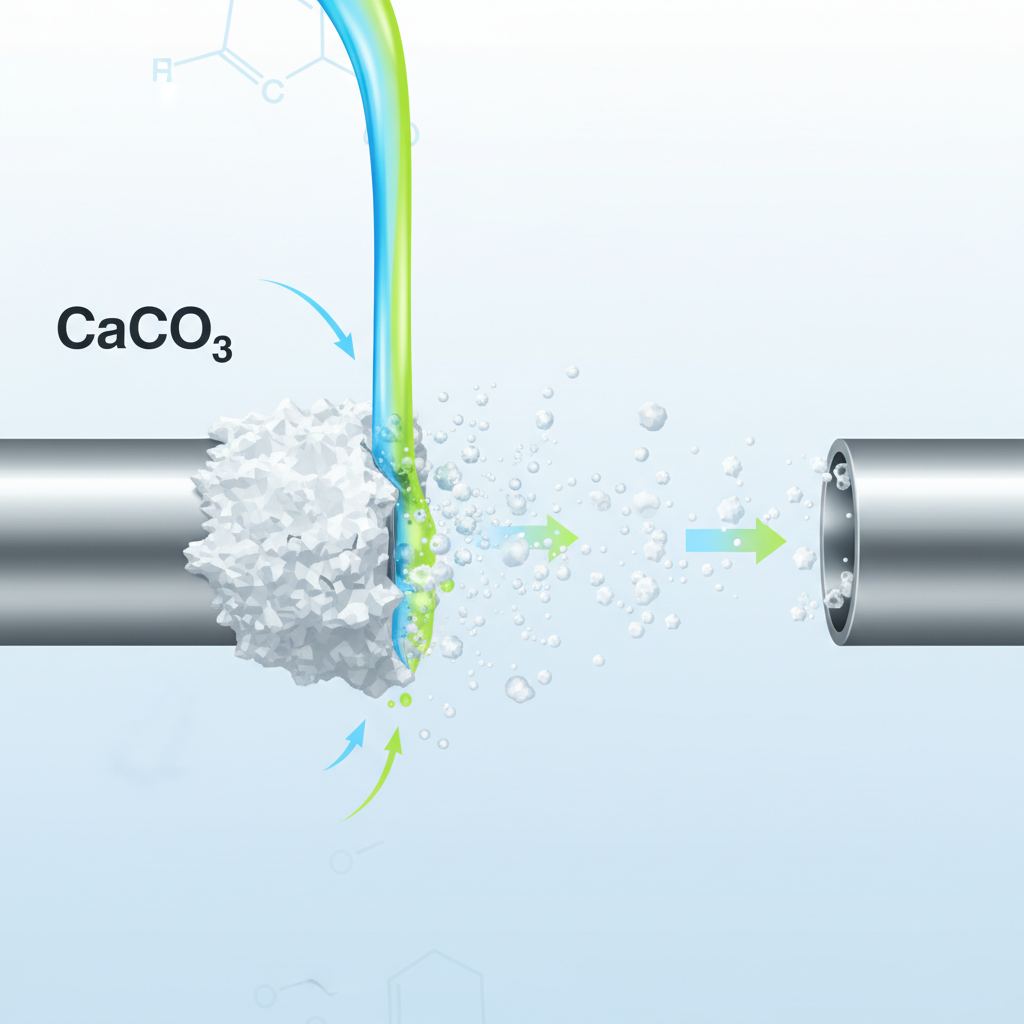 A clean, infographic-style illustration depicting the chemical process of limescale removal. On one side, a stylized block of white, irregular 'limescale' (representing CaCO₃) is firmly attached to a smooth, metallic surface. Flowing towards it is a stream of a vibrant colored liquid, suggested as a descaler. On the other side, the limescale block is shown actively breaking apart, dissolving into smaller, dispersed particles that are floating away from the now clean and gleaming metallic surface, illustrating the dissolution action.