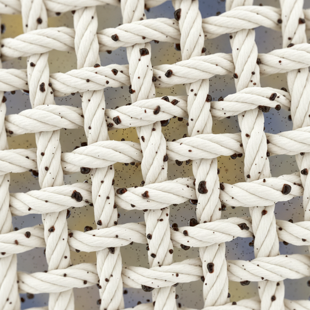 A close-up, macro-level illustration of fabric fibers (like cotton or wool) with tiny, dark, oily smoke particles (representing cold smoke molecules) visibly clinging and embedding themselves into the textile structure. The background should be a soft blur, emphasizing the fabric and smoke. Use a clean, scientific illustration style with a slight microscopic feel, showing the persistence of the odor-causing particles. The color palette should highlight the contrast between the clean fabric and the dark, intrusive smoke.