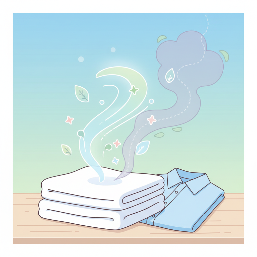 A vibrant, flat illustration depicting a sense of freshness and cleanliness overcoming a faint, lingering unpleasant odor. Show a neatly folded stack of clean laundry, perhaps a white shirt or a towel, with subtle, refreshing scent waves or abstract 'freshness' icons emanating from it. In the background, very subtly, an almost transparent, smoky aura is dissipating, symbolizing the removal of the cold smoke. The overall mood should be bright, airy, and optimistic, using soft pastels and clean lines to convey a feeling of renewal and hygiene.
