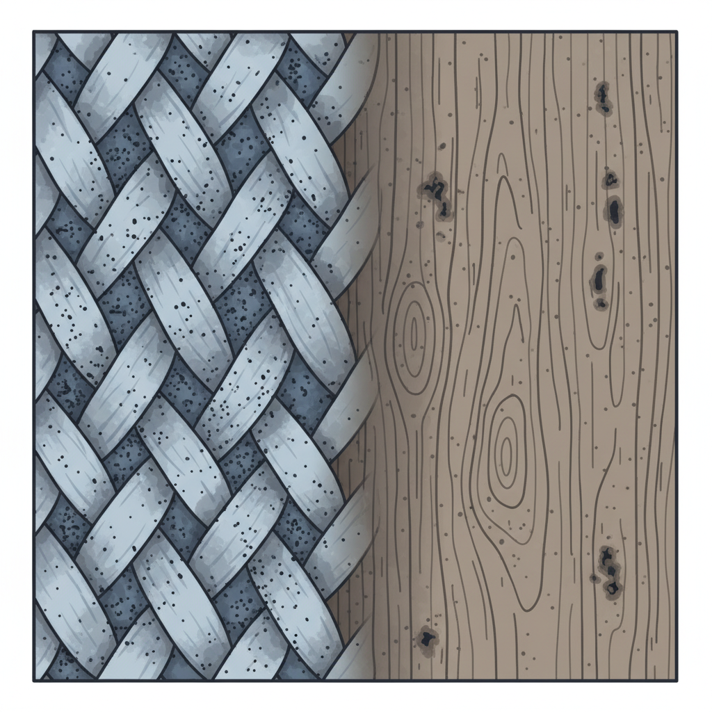 A detailed infographic illustration showing a cross-section of various common household materials deeply permeated by microscopic, dark grey smoke particles. On one side, fluffy fabric fibers from a couch cushion or curtain are depicted, with numerous tiny particles firmly embedded within and clinging to them. On another side, a segment of a porous wooden surface or a textured wall reveals these same particles absorbed into its grain and surface texture. The visual emphasizes the deep, tenacious penetration of the smoke residue, making it appear almost inseparable from the materials. Style: Scientific, educational infographic with a clean, precise aesthetic and a palette of muted, slightly desaturated colors.