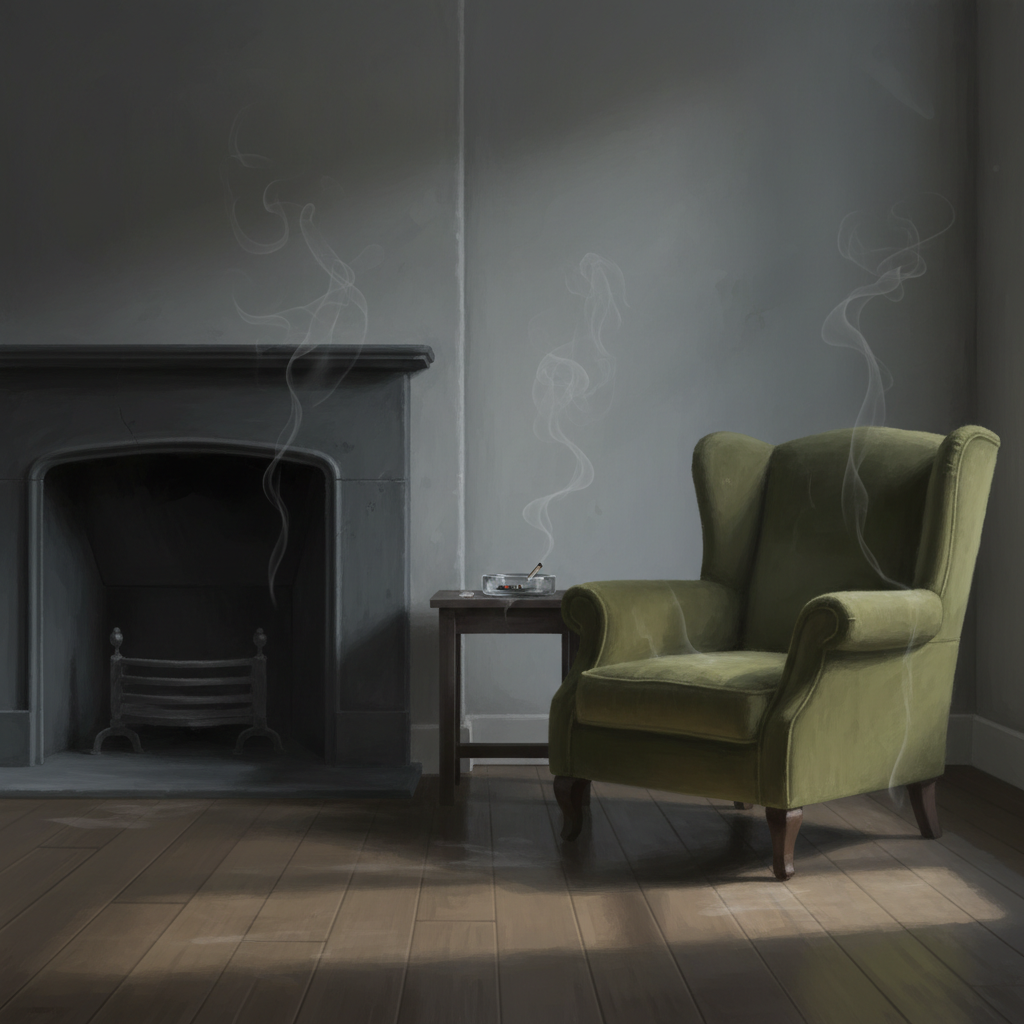 An atmospheric digital painting capturing the lingering presence of 'stagnation smoke'. The image features an interior setting where the initial smoke source is no longer active but its effects are evident. Faint, ethereal grey wisps are shown subtly clinging to surfaces like a textured wall, a plush armchair, and a wooden floor, suggesting a persistent, invisible residue. A cold, dark fireplace opening and a recently extinguished cigarette in an empty ashtray are subtly visible in the background, hinting at the past origin of the smoke. The overall mood should be slightly somber, emphasizing the stubbornness of the trapped odor. Style: Realistic digital painting with soft lighting and a slightly melancholy, subdued color palette.