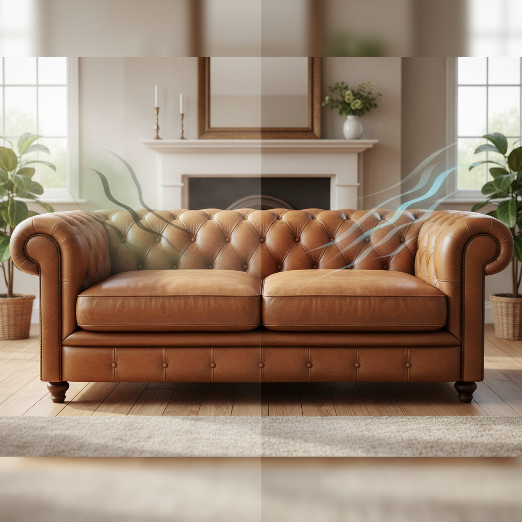 A beautifully crafted camel leather satchel or elegant sofa, depicted in a warm, inviting setting. On one side, subtle, dark, wavy lines or a faint, greenish haze emanate abstractly from the leather, symbolizing an unpleasant odor. On the other side, the same leather item appears pristine, with gentle, light, wavy lines or a soft, clean aura rising, representing freshness and cleanliness. The transition should be seamless, showcasing the restoration of the leather's natural beauty. Professional product photography with subtle artistic effects, clean and polished.