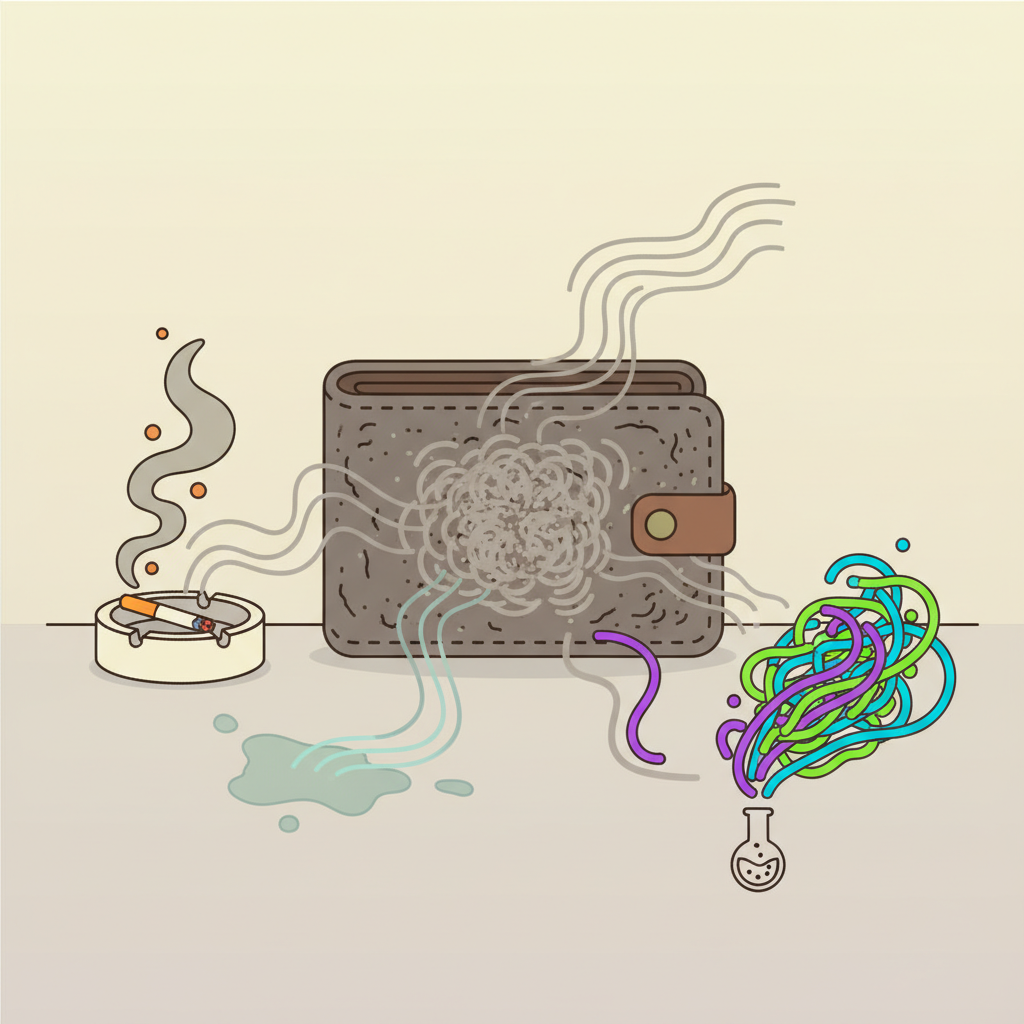 An illustrative scene featuring various potential sources of odor surrounding a generic camel leather item, like a wallet or a piece of fabric. Abstract representations of smells emanate from sources such as a small, stylized ashtray with smoke, a subtle moisture stain, or a generalized 'chemical' cloud, drifting towards and absorbing into the leather. The leather itself should appear slightly 'heavy' or 'laden' with these abstract odor particles. A clean, modern flat illustration style with clear, distinct elements.