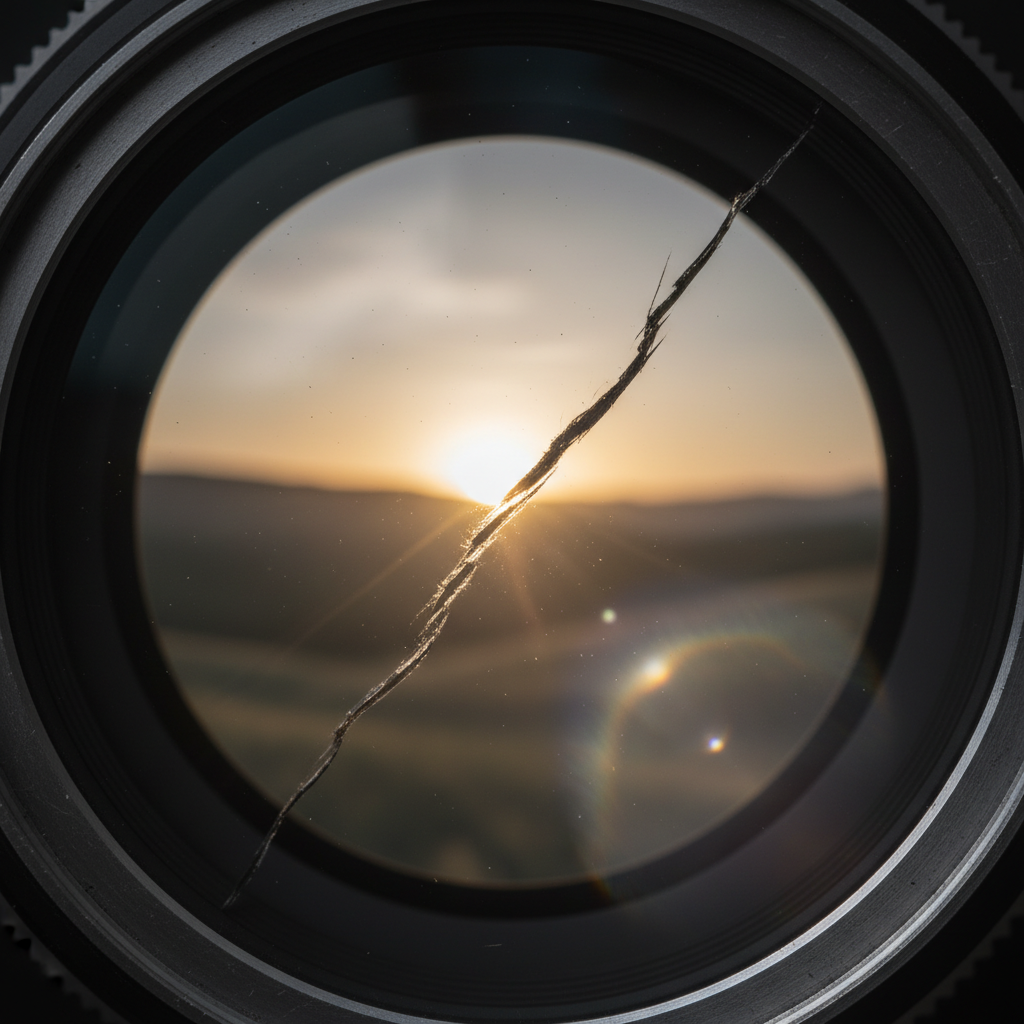 A high-quality, professional photo displaying a close-up of a camera lens with a distinct, visible scratch traversing its surface. In the soft-focus background, an artistic, slightly distorted landscape image is visible, exhibiting signs of lens flare, reduced contrast, and a subtle haze originating from the scratched area, visually representing compromised image quality. The overall aesthetic should be clean and slightly dramatic.
