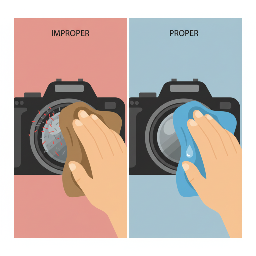 A detailed flat illustration depicting a split scene demonstrating proper vs. improper lens cleaning. On the left, a hand roughly wipes a camera lens with a coarse, unsuited cloth, with tiny, almost invisible abrasive particles shown being dragged across the lens surface. On the right, a hand gently cleans another lens using a soft, specialized microfiber cloth and a droplet of lens cleaning solution, portraying careful and effective care. The style should be clean, modern, and infographic-like.