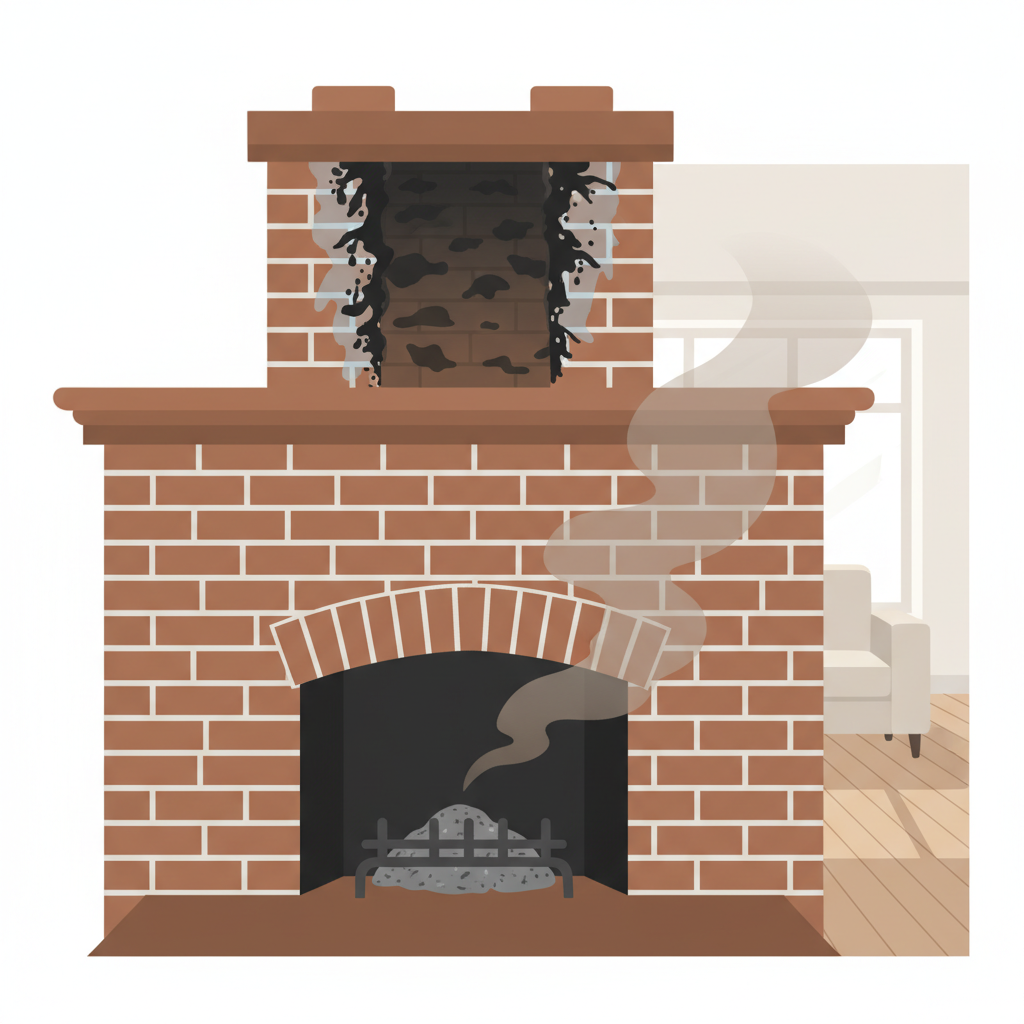 A detailed flat illustration showing a cutaway view of a traditional brick fireplace and its connected chimney flue. Inside the chimney, visible layers of dark, gritty soot and sticky tar deposits cling to the walls. Near the top of the flue, subtle hints of dampness or water streaks are present, suggesting moisture ingress. A faint, brownish-grey, stale-looking smoke subtly wafts from the fireplace opening into a clean, bright room, visually representing the unpleasant odor. The scene contrasts the cozy potential of a fireplace with the hidden sources of bad smell.