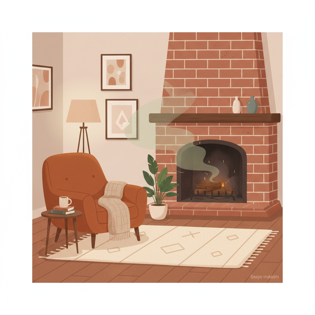 A visually appealing flat illustration of a cozy living room interior with a brick fireplace as the focal point. The fireplace itself shows subtle signs of a lingering, unpleasant odor, represented by a faint, wispy, slightly greenish or brownish cloud gently emanating from the firebox opening and subtly diffusing into the room. The rest of the room is warm and inviting, perhaps with a soft rug and a comfortable armchair, but the subtle visual of the odor contrasts with the expected comfort. The overall atmosphere suggests a conflict between coziness and an unwanted smell. No text or labels.