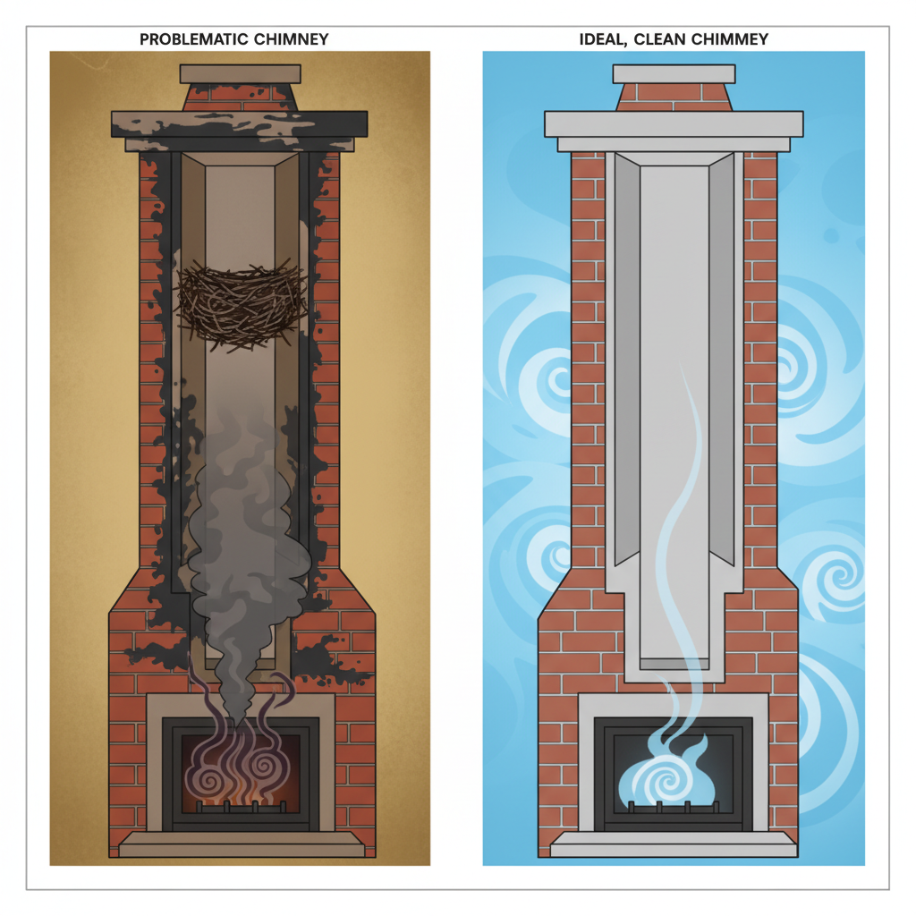 A detailed, comparative cutaway diagram showing two vertical cross-sections of a typical house chimney, side-by-side. The left section depicts a problematic chimney: thick layers of black soot and tar on the flue walls, a visible bird's nest blockage, and dark, heavy smoke struggling to rise. Faint, unpleasant visual aroma indicators drift from the fireplace opening into the room. The right section shows an ideal, clean chimney: smooth, clear flue walls, no blockages, and light, clean wisps of smoke rising effortlessly. Fresh, clean air is visually suggested in the adjacent room space. Infographic style with clear visual differentiation.