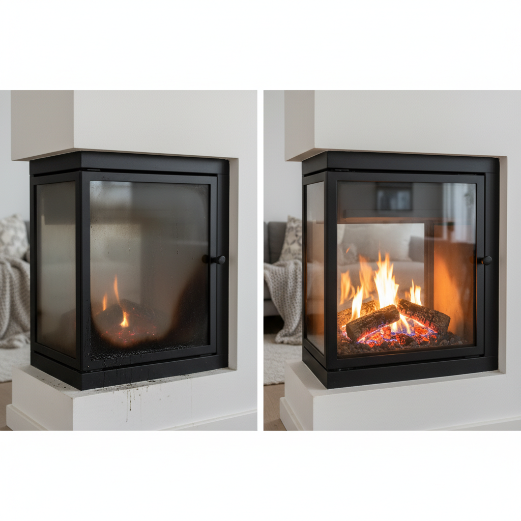 A professional, high-resolution split image or side-by-side comparison photo of a modern fireplace. On one side, the glass is heavily covered in thick, black soot and residue, completely obscuring the view of any flames or embers inside. The overall impression is dull and uninviting. On the other side, the exact same fireplace glass is impeccably clean and crystal clear, offering an unobstructed, warm view of a vibrant, crackling fire within a cozy living room setting. The contrast should be stark, emphasizing the dramatic improvement in aesthetics and visual clarity.