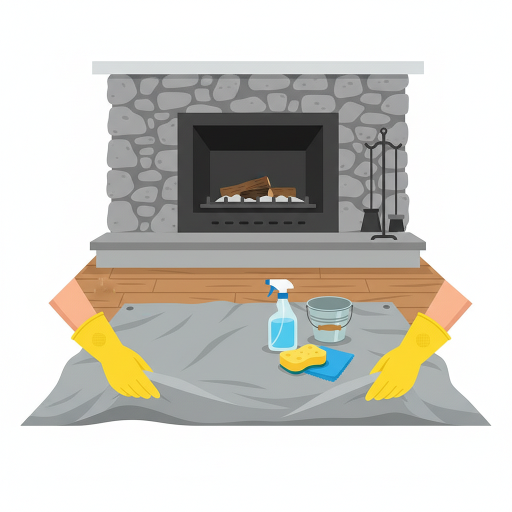 A detailed flat illustration showing the preparation for cleaning a fireplace. In the foreground, a pair of gloved hands (wearing blue or yellow protective gloves) is gently laying down old newspapers or a grey protective tarp on the floor in front of a fireplace. Various cleaning supplies are neatly arranged on the protective layer: a spray bottle with a cleaning solution, a soft sponge, a microfibre cloth, and a small, empty bucket. The fireplace itself is visible in the background, appearing cool and inactive, ready for cleaning. The style is clean, modern, and inviting, with a focus on organization and readiness.