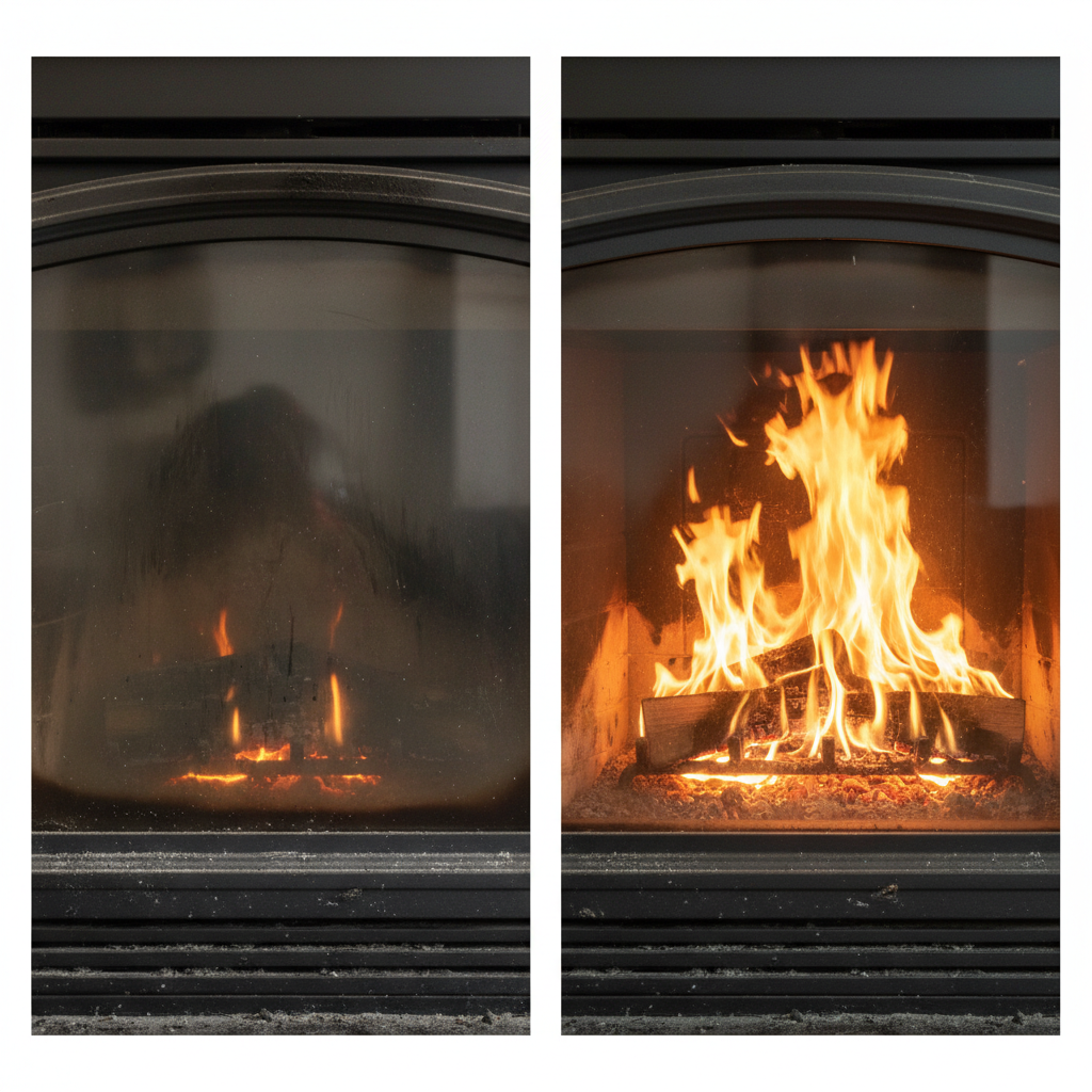A professional, high-resolution split image or side-by-side comparison of a fireplace. On the left side, a heavily sooted and grimy fireplace glass door completely obscures the view of any flames, reflecting only dull light. On the right side, the exact same fireplace glass door is immaculately clean and crystal clear, revealing a warm, vibrant, and inviting fire burning brightly inside. The contrast should be stark, emphasizing the transformative effect of cleaning, with a focus on the visual improvement and coziness.