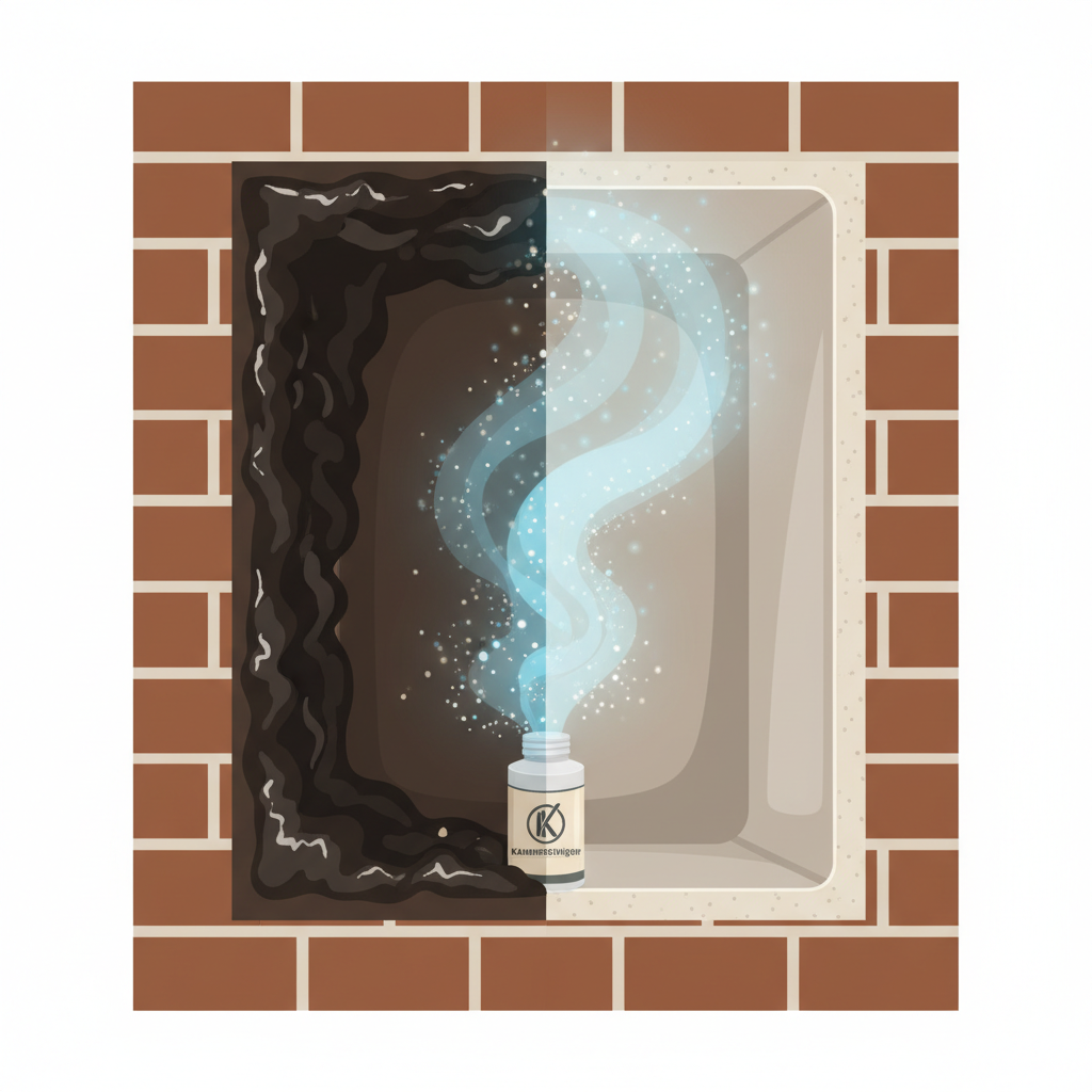 A detailed flat illustration showing a cross-section of a brick chimney flue. The left side of the flue interior is heavily coated with thick, dark, uneven layers of soot and glossy creosote, visually representing a fire hazard. The right side of the flue interior is impeccably clean and smooth, showcasing the desired state. Bridging these two sections in the center, a stylized, almost ethereal mist or a collection of small, active particles emanates from a subtle representation of a 'Kaminreiniger' product at the base, demonstrating its transformative cleaning action. The overall aesthetic is professional and informative, with clear visual contrast between danger and safety.