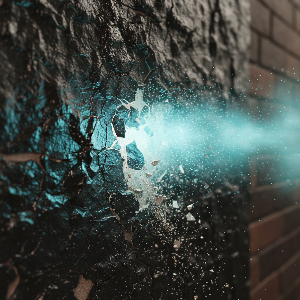 A dynamic 3D render illustrating a magnified view of a chimney flue's inner wall. The wall is initially covered with tenacious, dark, and glossy creosote deposits. From the right side of the frame, stylized, glowing particles or a fine mist representing the 'Kaminreiniger' actively collide with and permeate these deposits. The creosote layers are depicted visibly cracking, breaking apart, and crumbling into smaller, granular fragments, which gently detach and fall downwards. This scene emphasizes the chemical or physical breakdown of stubborn buildup, highlighting the cleaner's efficacy. The style is clean and modern, conveying scientific action and transformation.