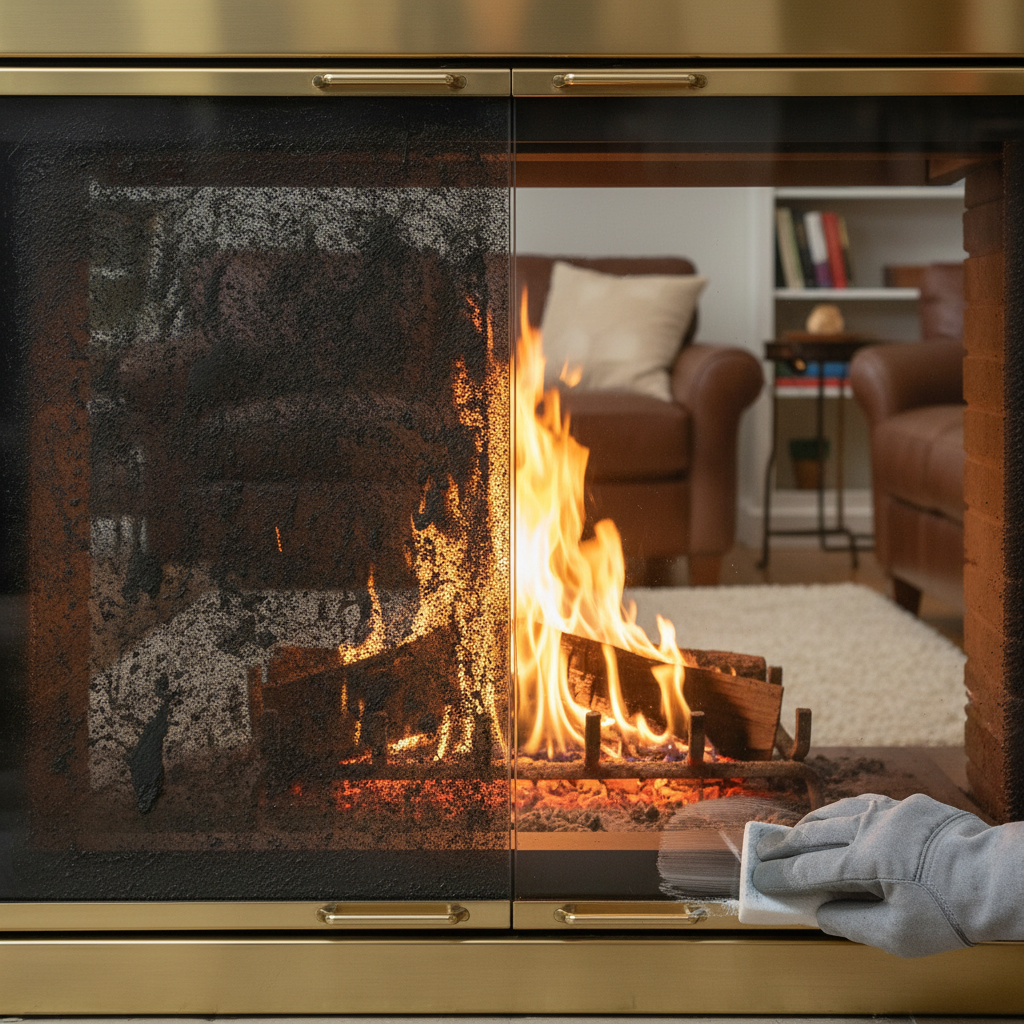 A professional photo showing a fireplace glass pane divided vertically into two halves. The left half is heavily covered in thick, dark soot and tar, completely obscuring the view of the fire. The right half is sparkling clean and transparent, revealing a warm, inviting fire flickering clearly behind it. A gloved hand, holding a cleaning cloth or sponge, is positioned at the clean side, hinting at the cleaning process that led to the clear view. The background is a cozy, warm living room setting.