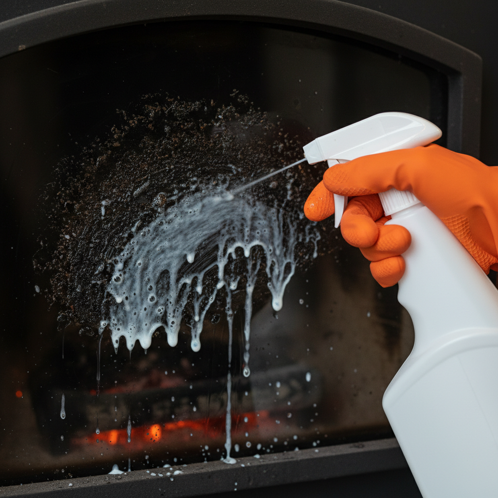 A high-quality, detailed close-up photography shot of a hand, protected by a blue or orange cleaning glove, applying a specialized fireplace glass cleaner to the interior surface of a heavily soot-covered fireplace door. The cleaner is seen as a spray or gel, actively dripping or clinging to the thick black and brown residues on the glass, showing the initial stages of dissolving the grime. The texture of the soot and the liquid should be clearly visible, emphasizing the cleaning action.