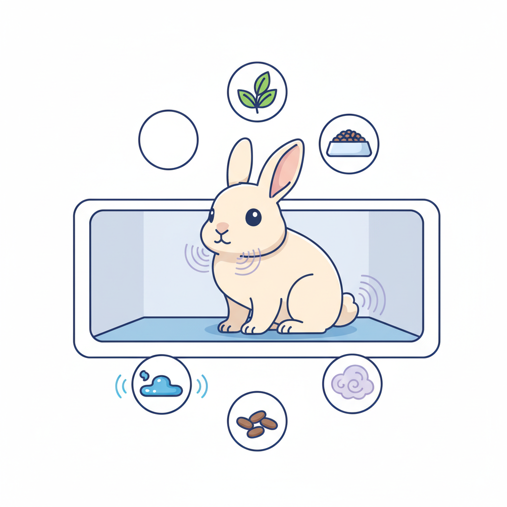 A clean, flat illustration in an infographic style depicting the various causes of rabbit odor. The central focus is a cute, healthy rabbit in a stylized, clean enclosure. Surrounding the rabbit are small, illustrative icons or diagrams representing the key odor sources: a tiny, abstract puddle for urine, small brown pellets for droppings, a subtle, almost invisible 'scent cloud' emanating from a chin or tail area to symbolize scent glands, and a stylized plant or bowl indicating diet. The overall impression should be informative and visually appealing, highlighting the underlying reasons for odor without being unhygienic. The color palette should be fresh and inviting.