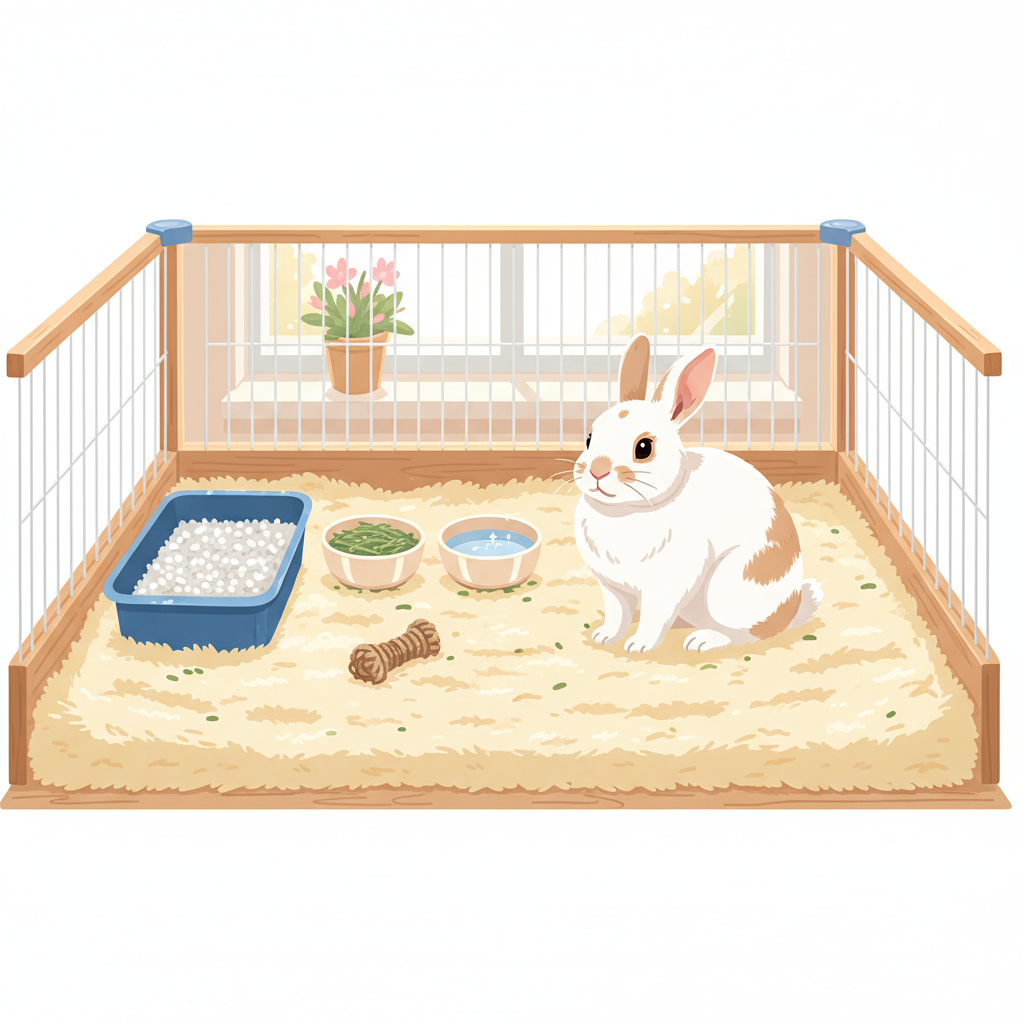 A bright and inviting flat illustration depicting a sparkling clean rabbit enclosure. A cheerful, well-groomed rabbit is comfortably situated within its spacious, pristine habitat. Elements like a fresh, clean litter box, spotless food and water bowls, and new, fluffy bedding are prominently featured. In the background, out of focus or as a subtle border, there could be hints of a fresh home environment – perhaps a sunlit window or a blooming plant. The overall mood should convey cleanliness, health, and a pleasant, odor-free atmosphere. The style should be modern and friendly, emphasizing hygiene and well-being.