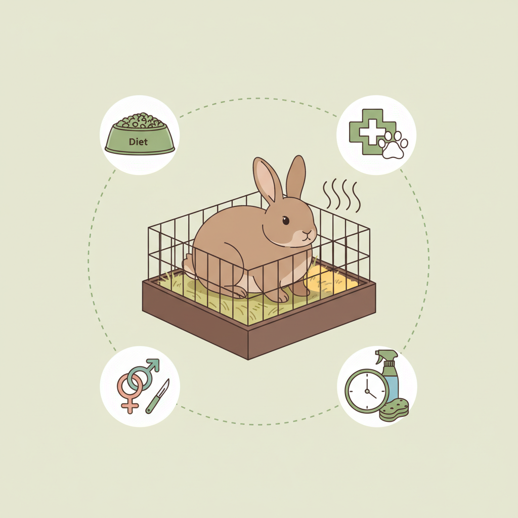 A flat illustration depicting a stylized rabbit enclosure with a cute, healthy rabbit inside. From a small, visible patch of urine-stained bedding, prominent wavy lines representing a strong, unpleasant odor rise upwards. Around the enclosure, several small, distinct infographic-style icons float: an overflowing food bowl indicating diet, a medical cross over a rabbit paw for health, male/female symbols for gender/neutering, and a clock with a cleaning spray bottle for cleaning frequency. The overall aesthetic should be clean and informative, using a palette of soft, earthy tones.
