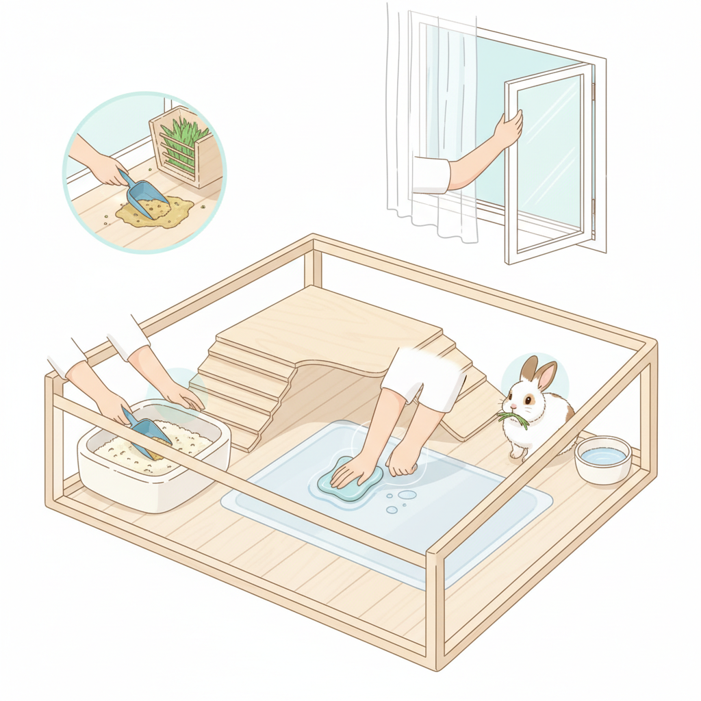 A clean, modern infographic style illustration showcasing the daily routine for maintaining a fresh rabbit enclosure. The scene features a bright, well-kept rabbit living space. A pair of gender-neutral hands are performing key cleaning actions: scooping soiled bedding from a litter box, wiping down a smooth surface with a damp cloth, and adjusting a slightly open window in the background, implying good ventilation. A happy, content rabbit observes these actions from a clean corner. The illustration should use a light and airy color scheme, emphasizing freshness and hygiene.