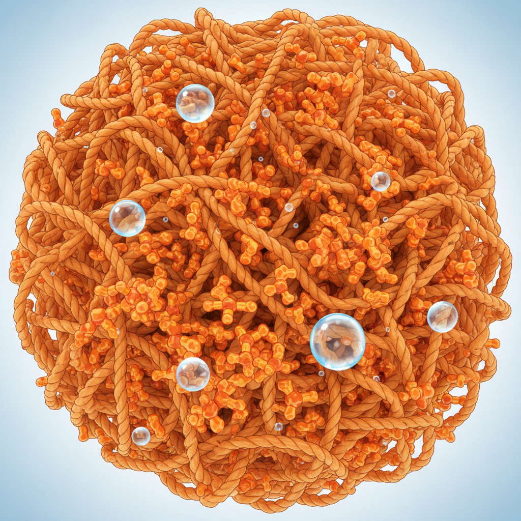 A vibrant, high-detail macro illustration depicting fabric fibers (e.g., cotton or linen threads) with orange beta-carotene pigment molecules deeply embedded within their structure. Show some water droplets appearing ineffective against the embedded pigment, symbolizing its fat-soluble nature. The color orange from the carrot should be prominent and stubbornly clinging to the fabric. The overall image should convey the difficulty and persistence of carrot stains at a microscopic level. Use a clean, infographic-style illustration with subtle gradients and crisp lines.
