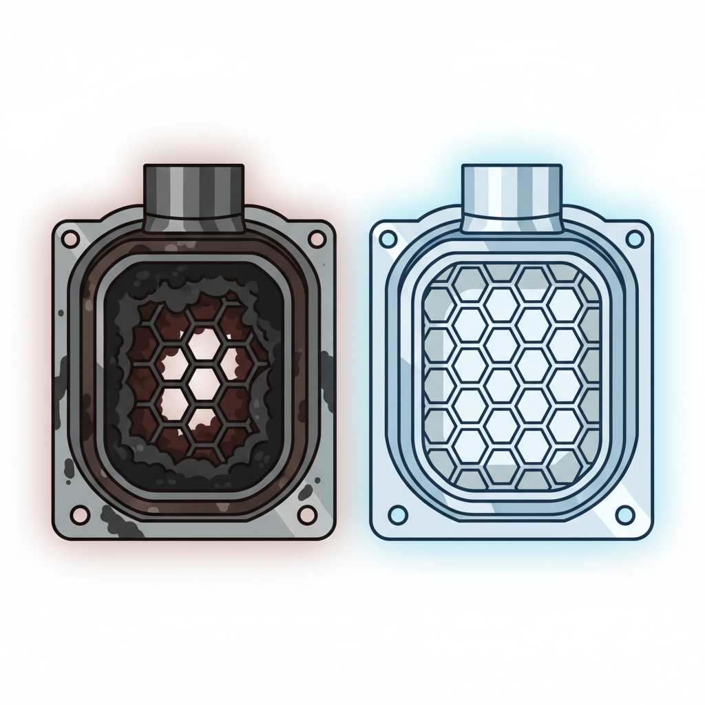 A vibrant, illustrative comparison in a clean flat illustration style, contrasting a clogged catalytic converter with a clean one. On the left side, depict a catalytic converter severely choked with dark, grimy soot and carbon deposits visibly obstructing its internal honeycomb channels, hinting at poor performance. On the right, show the same catalytic converter sparkling clean, with its intricate internal structure perfectly clear and open, conveying optimal functionality and efficiency.