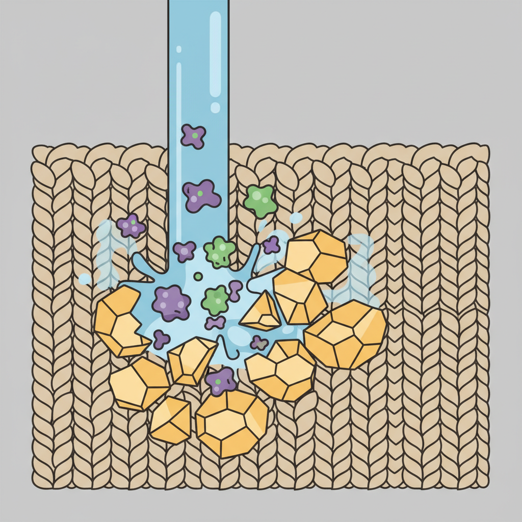 A detailed flat illustration showcasing the effectiveness of enzymatic cleaners against cat urine odor. The image presents a cutaway view of textile fibers, like those in a carpet or upholstery, with remnants of dried cat urine (represented by crystallized structures) deeply embedded. From above, a stream of enzymatic cleaning fluid is depicted descending onto the affected area. Within the fluid, small, active enzyme molecules are visually shown breaking down and neutralizing the uric acid crystals, causing them to dissolve and disappear. The overall impression is one of effective action and thorough eradication of the odor source.