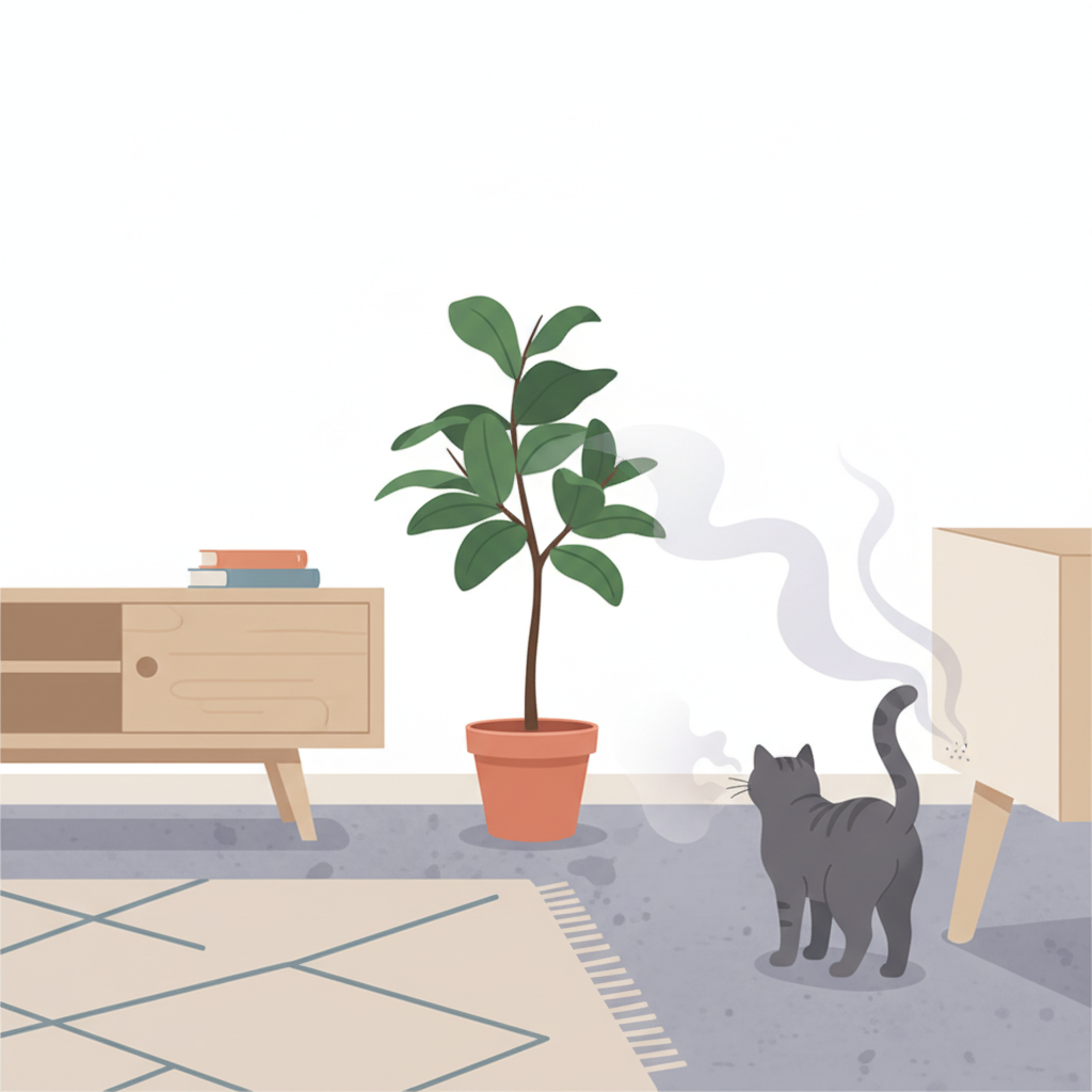 A clean and modern flat illustration depicting a domestic interior. A sleek, short-haired cat, possibly a grey tabby, is shown in the corner of a room, spraying a small amount of liquid onto a light-colored wall or furniture leg. The cat's tail is slightly raised and quivering, indicating the act of marking. From the marked spot, a subtle, abstract representation of an unpleasant odor, like faint, swirling grey or purple wisps, visually emanates outwards without any textual elements. The overall scene emphasizes the problem of marking and its associated lingering scent for a blog post about removal.