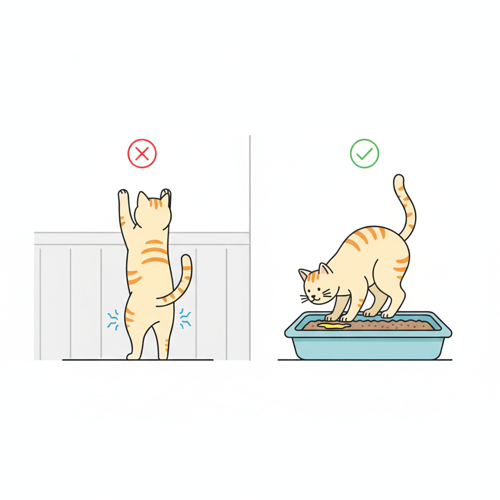 A clear, minimalist infographic-style illustration contrasting two feline behaviors. On the left side, a cat is depicted in a 'marking' stance: standing upright with its tail raised high and slightly quivering, spraying a small stream of liquid onto a vertical surface like a wall or the side of a sofa. On the right side, the same cat is shown in a 'normal urination' stance: squatting comfortably inside a clean litter box. The distinct postures and target surfaces should be clearly visible and differentiated, highlighting the difference between territorial marking and regular urination for an informative article.