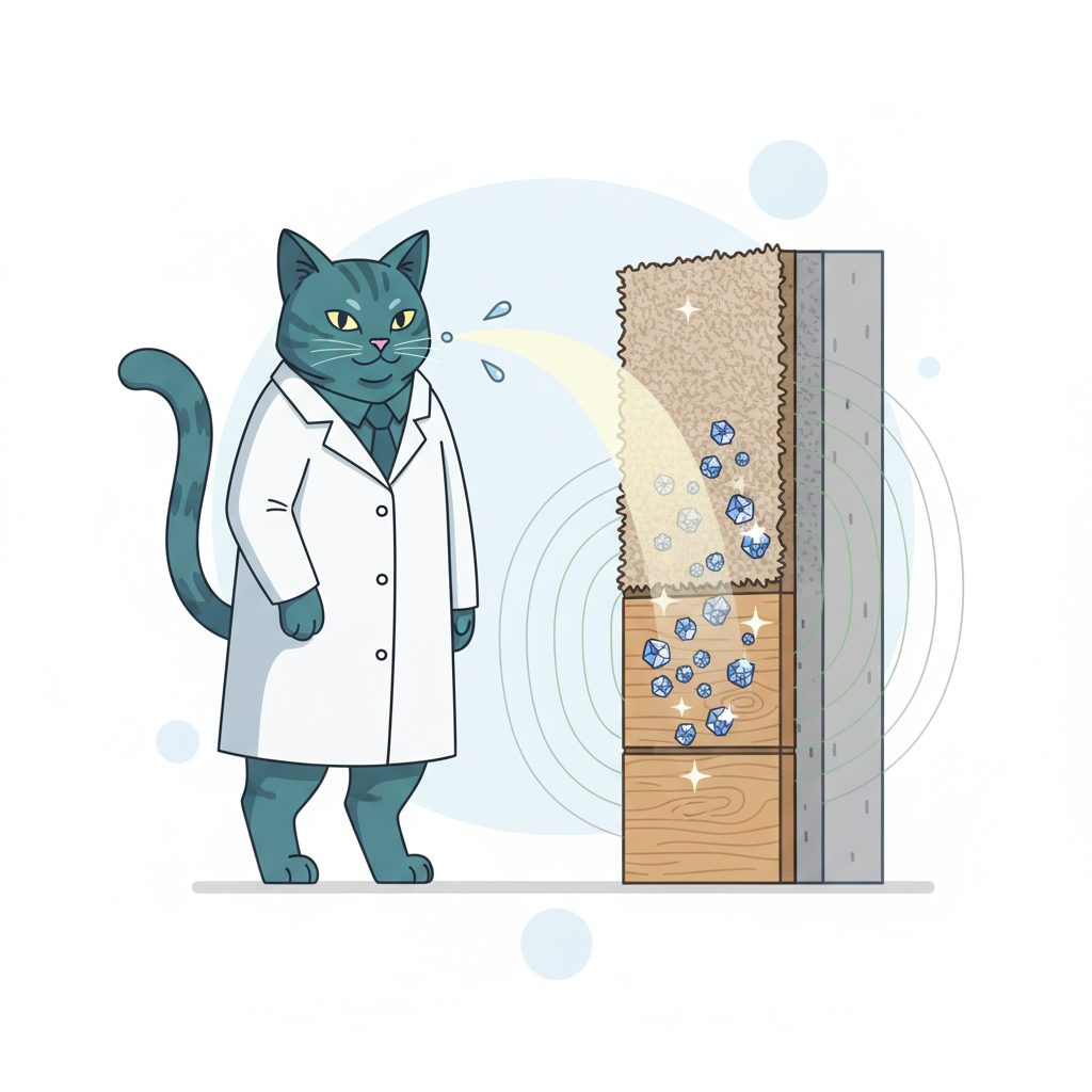 A clean, modern infographic style illustration showing a stylized male cat (tomcat) standing next to a wall, tail raised, engaged in spraying behavior. A faint, translucent spray trajectory originates from the cat towards the wall. The wall should have a subtle cross-section revealing layers of material, such as carpet fibers or wood grain. Within these layers, tiny, crystalline structures (representing uric acid crystals) are deeply embedded. Subtle, wavy lines emanate from these crystals, diffusing outwards to visually represent the persistent odor. The overall impression should be educational and highlight the deep-seated nature of the odor problem.