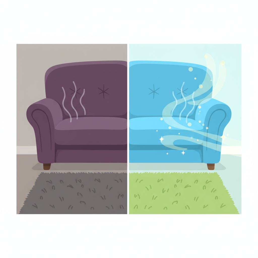 A vibrant and clean flat illustration depicting a home environment split into two conceptual halves: 'before' and 'after'. The 'before' side shows a dimly lit corner of a room, perhaps a part of a sofa or carpet, with very subtle, dull, purple-grey wavy lines visually representing an unpleasant, lingering odor. The 'after' side, in stark contrast, is brightly lit, showcasing the same area now appearing fresh and immaculate. Transparent, airy blue-green swirls or soft, sparkling particles should float in the air on the 'after' side, symbolizing freshness and the successful neutralization of odors. The overall feel should be one of transformation and a return to a pleasant, clean living space.