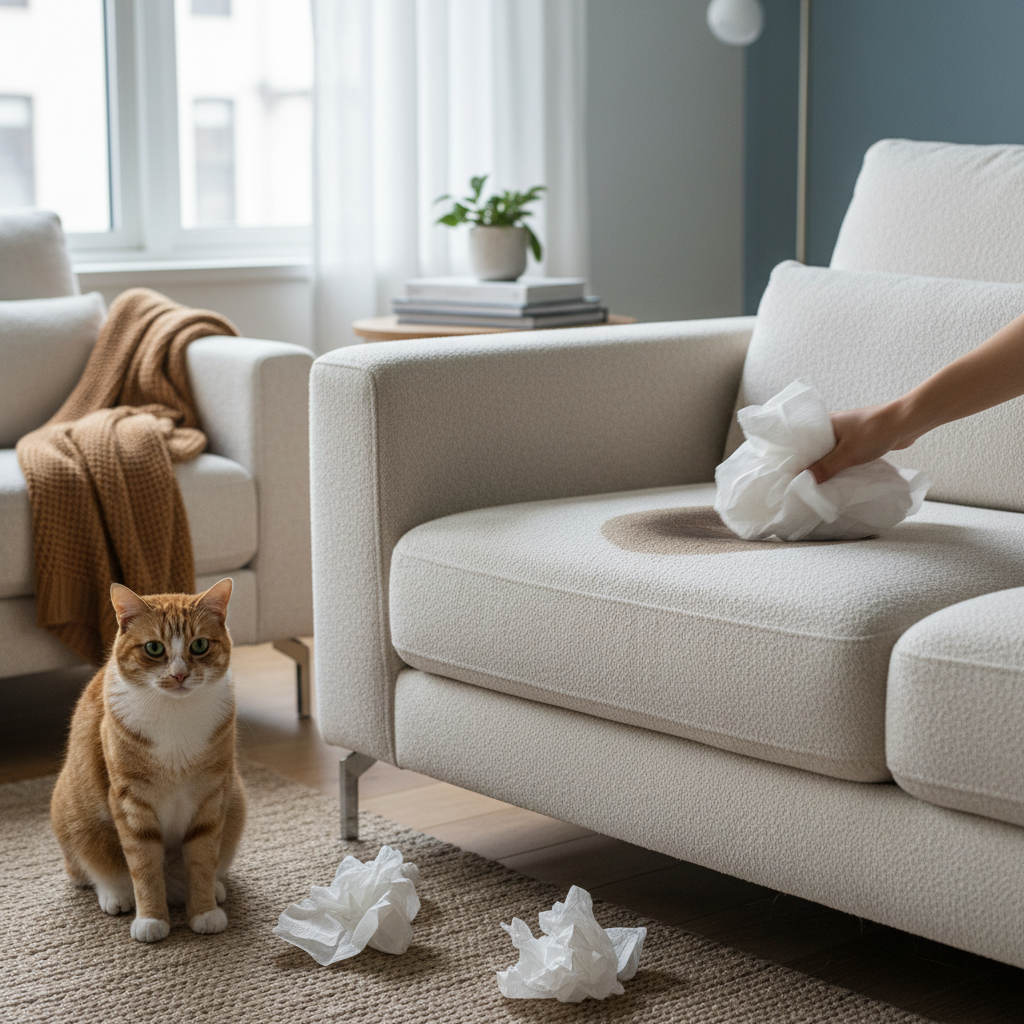 A cozy living room scene featuring a modern, light-colored fabric sofa. A small, wet, dark patch is visibly soaking into one cushion, indicating a fresh cat urine stain. A fluffy house cat, perhaps a tabby or ginger, sits a short distance away on the floor, looking slightly anxious or guilty towards the couch. A human hand, clearly in motion, is dabbing the wet spot with several layers of absorbent white paper towels, emphasizing the immediate action of soaking up the liquid. The overall style should be a professional, clean photo with soft natural lighting, conveying a sense of gentle urgency and a common household scenario.